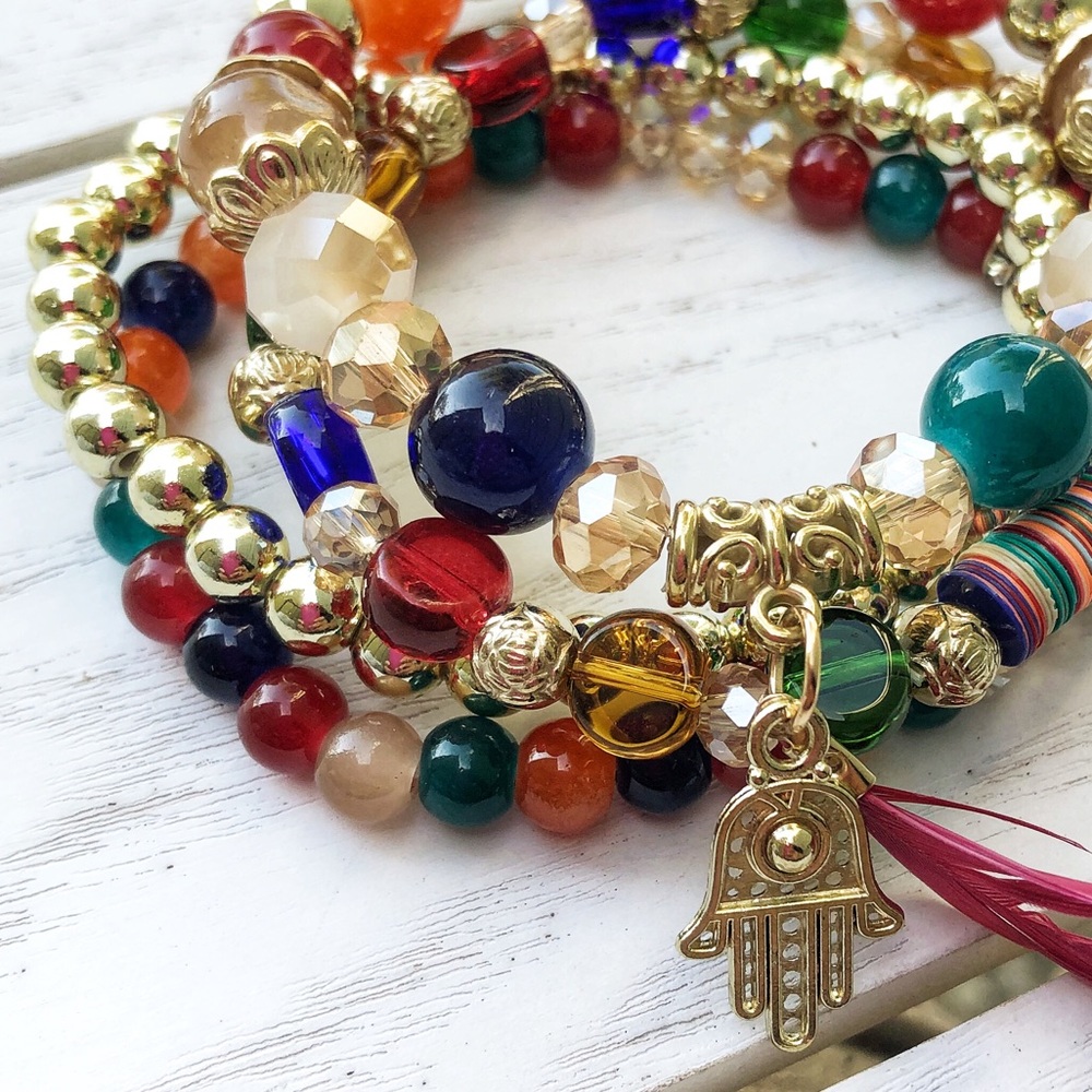 Beads Charm Vintage Bohemian Feather Bracelet Multi color Palm Feather - Picture 3 of 3